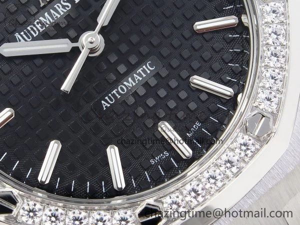 Breathable Royal Oak 37mm 15450 Diamond SS APSF 1:1 Best Edition Black Textured Dial on SS Bracelet SA3120 Super Clone 4432