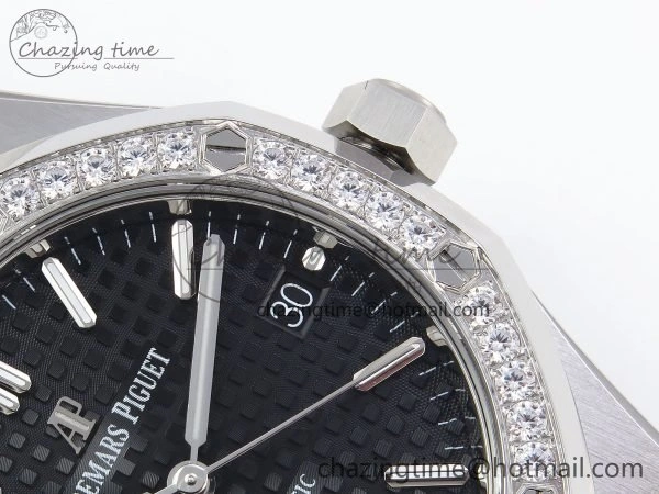Breathable Royal Oak 37mm 15450 Diamond SS APSF 1:1 Best Edition Black Textured Dial on SS Bracelet SA3120 Super Clone 4432