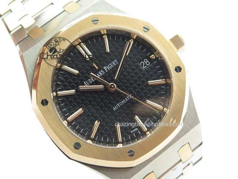 Practical Royal Oak 37mm 15450 RG Bezel JF 1:1 Best Edition Black Dial On SS RG Bracelet A 5058