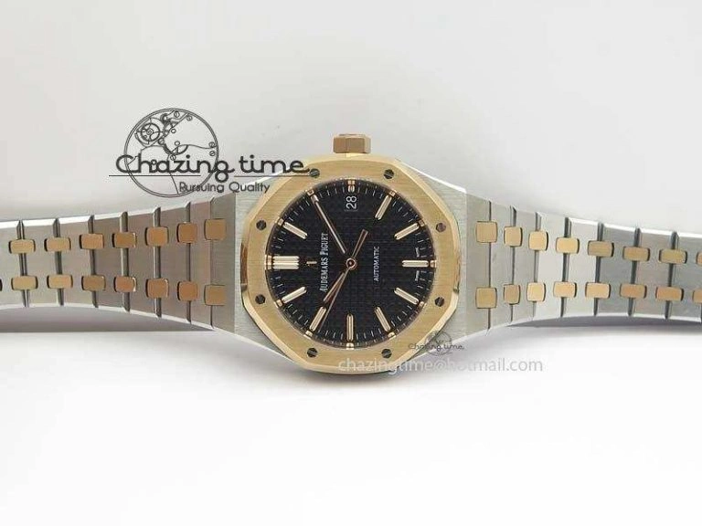 Practical Royal Oak 37mm 15450 RG Bezel JF 1:1 Best Edition Black Dial On SS RG Bracelet A 5058