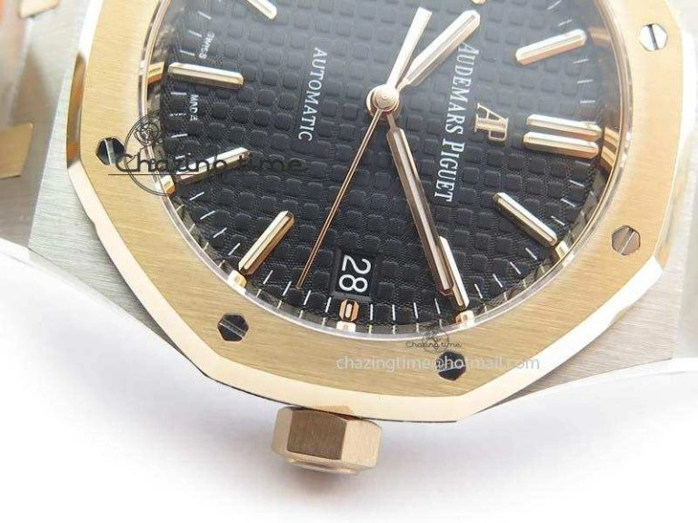 Practical Royal Oak 37mm 15450 RG Bezel JF 1:1 Best Edition Black Dial On SS RG Bracelet A 5058