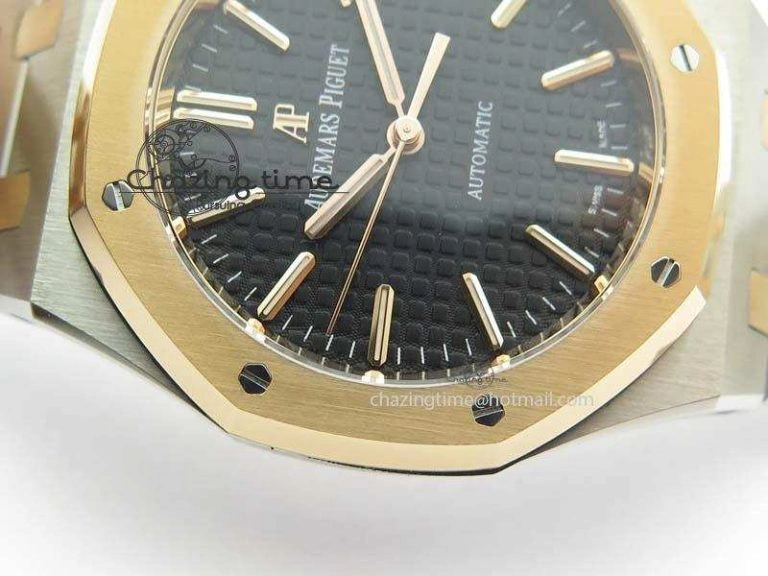 Practical Royal Oak 37mm 15450 RG Bezel JF 1:1 Best Edition Black Dial On SS RG Bracelet A 5058