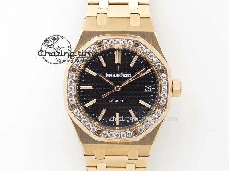 Royal Oak 37mm 15450 RG JF 1:1 Best Edition Diamonds Bezel Black Dial On RG Bracelet A EasyCare 5091