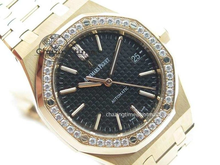 Royal Oak 37mm 15450 RG JF 1:1 Best Edition Diamonds Bezel Black Dial On RG Bracelet A EasyCare 5091