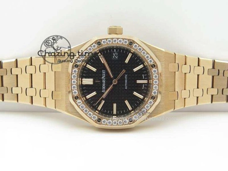 Royal Oak 37mm 15450 RG JF 1:1 Best Edition Diamonds Bezel Black Dial On RG Bracelet A EasyCare 5091