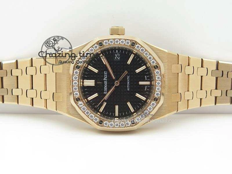Royal Oak 37mm 15450 RG JF 1:1 Best Edition Diamonds Bezel Black Dial On RG Bracelet A EasyCare 5091