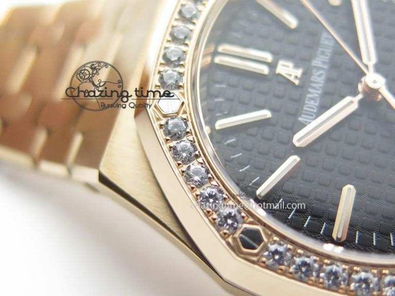 Royal Oak 37mm 15450 RG JF 1:1 Best Edition Diamonds Bezel Black Dial On RG Bracelet A EasyCare 5091