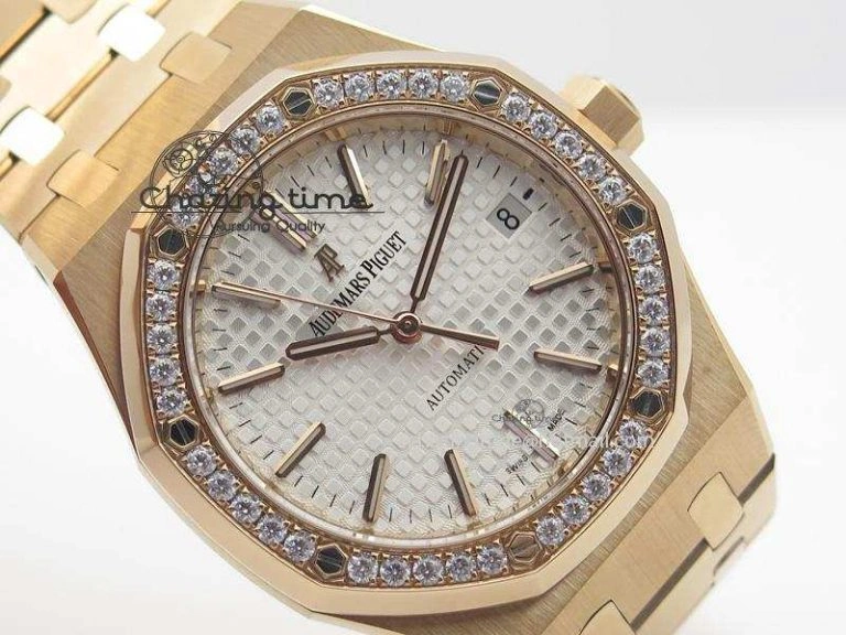 Royal Oak 37mm 15450 RG JF 1:1 Best Edition Diamonds Bezel Silver Dial On RG Bracelet A Resilient 5088