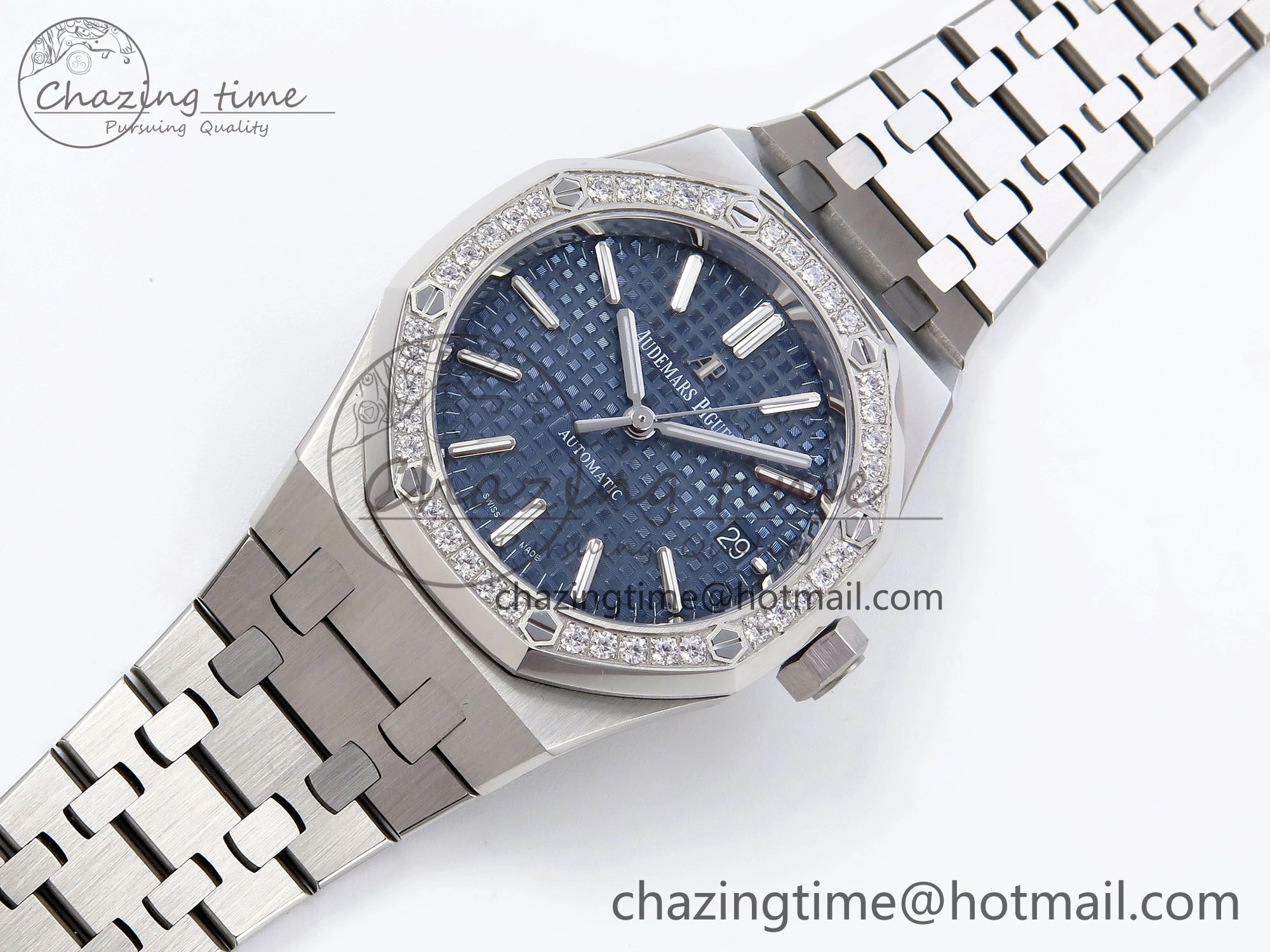 Royal Oak 37mm 15450 SS Diamonds Bezel IPF Best Edition Blue Dial on SS Bracelet SA3120 Super Clone TimelessDesign 4417