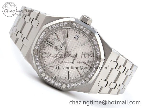 Royal Oak 37mm 15450 SS Diamonds Bezel IPF Best Edition White Dial on SS Bracelet SA3120 Super Clone Snug 4415
