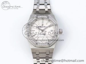 Royal Oak 37mm 15450 SS Diamonds Bezel IPF Best Edition White Dial on SS Bracelet SA3120 Super Clone Snug 4415