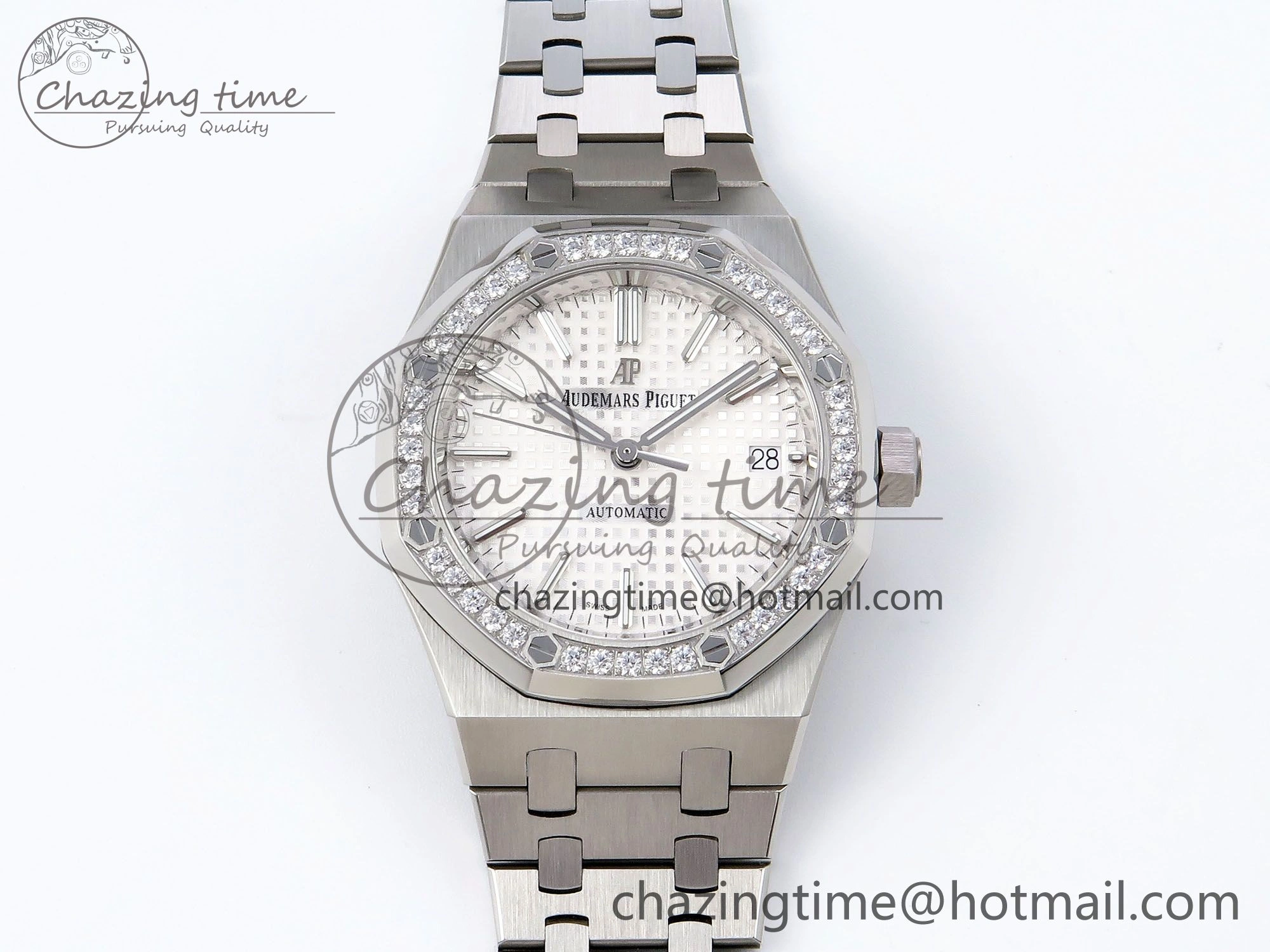 Royal Oak 37mm 15450 SS Diamonds Bezel IPF Best Edition White Dial on SS Bracelet SA3120 Super Clone Snug 4415