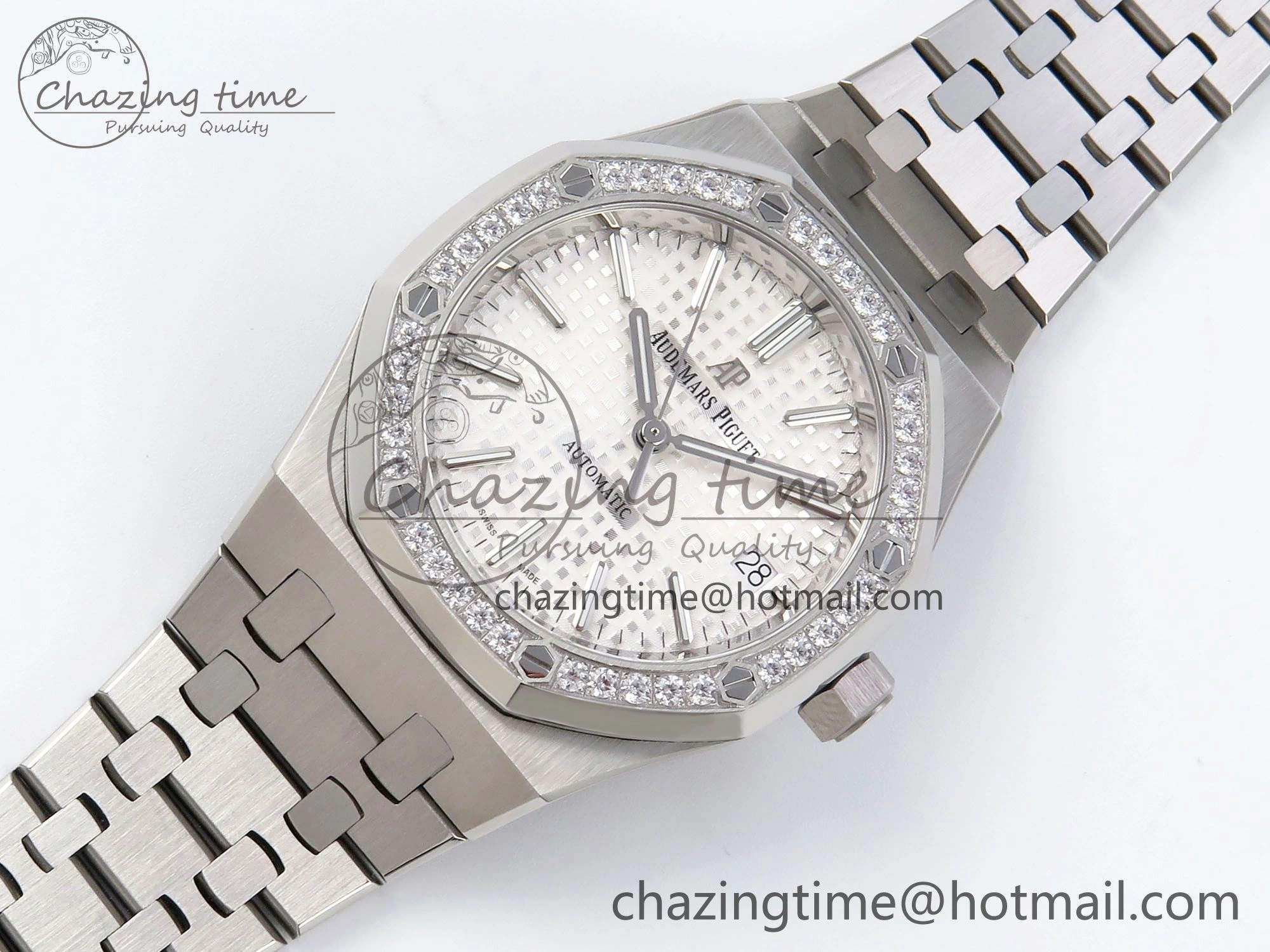 Royal Oak 37mm 15450 SS Diamonds Bezel IPF Best Edition White Dial on SS Bracelet SA3120 Super Clone Snug 4415