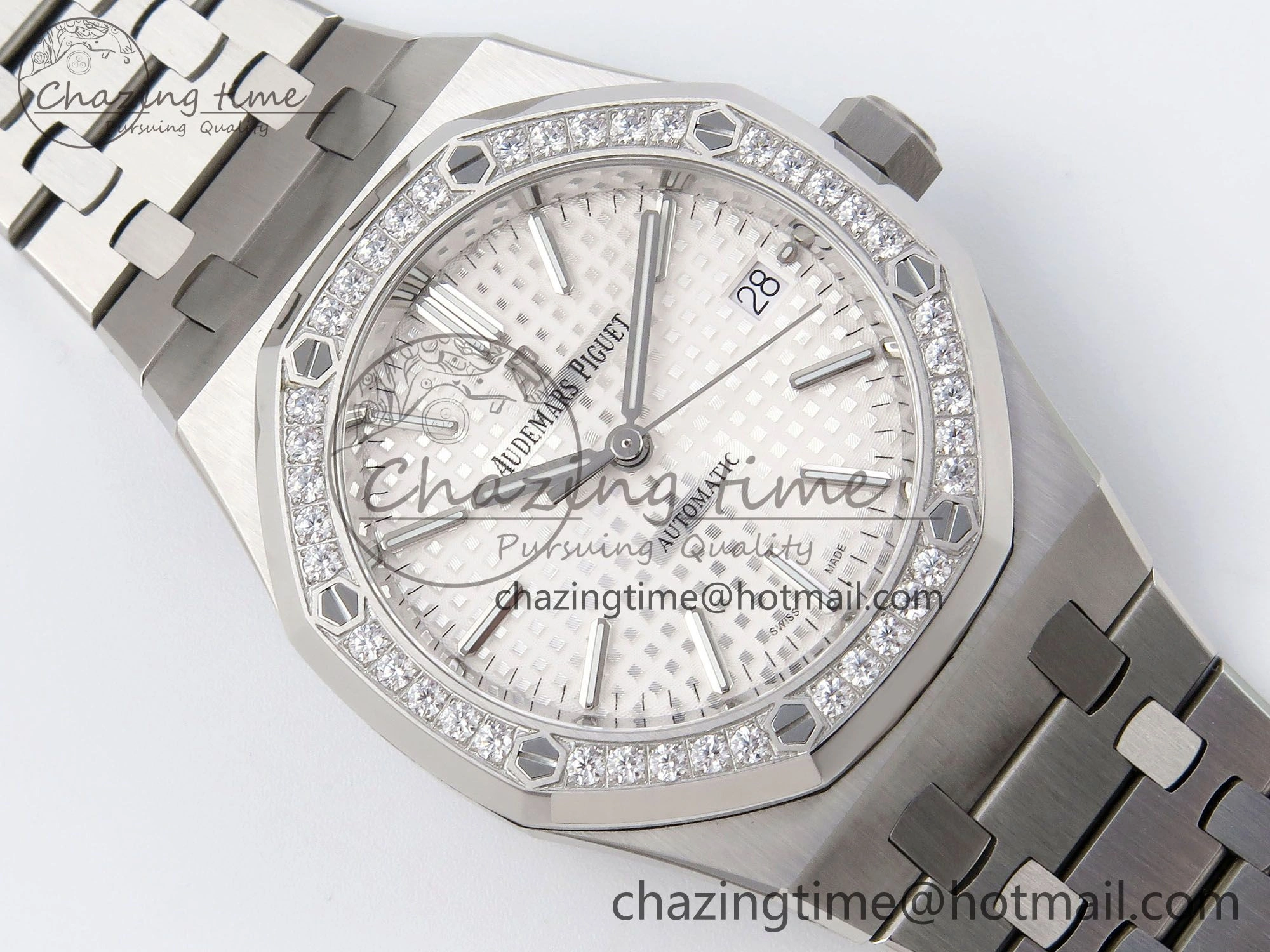 Royal Oak 37mm 15450 SS Diamonds Bezel IPF Best Edition White Dial on SS Bracelet SA3120 Super Clone Snug 4415