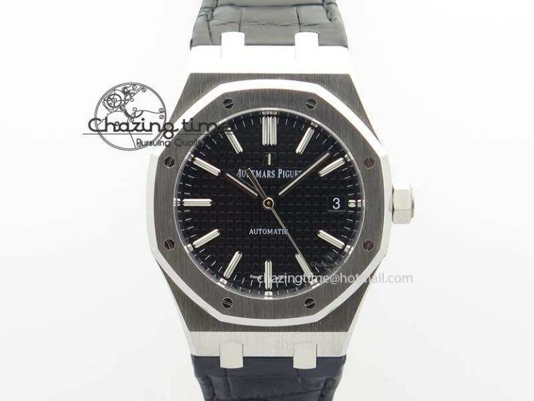 Neat Royal Oak 37mm 15450 SS JF 1:1 Best Edition Black Dial On Black Leather Strap A 5060