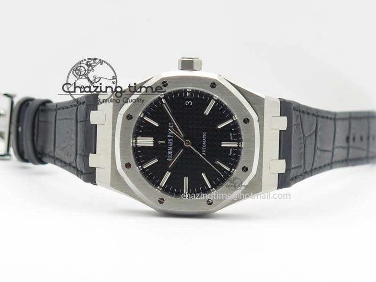 Neat Royal Oak 37mm 15450 SS JF 1:1 Best Edition Black Dial On Black Leather Strap A 5060