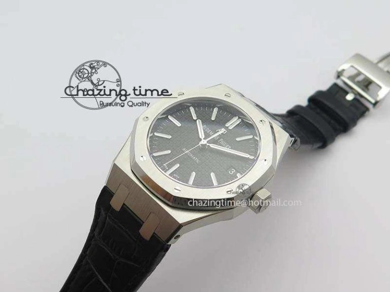 Neat Royal Oak 37mm 15450 SS JF 1:1 Best Edition Black Dial On Black Leather Strap A 5060