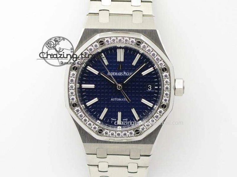 Breathable Royal Oak 37mm 15450 SS JF 1:1 Best Edition Diamonds Bezel Blue Dial On SS Bracelet A 5093