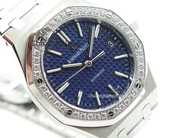 Breathable Royal Oak 37mm 15450 SS JF 1:1 Best Edition Diamonds Bezel Blue Dial On SS Bracelet A 5093
