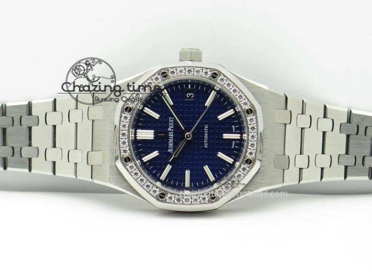 Breathable Royal Oak 37mm 15450 SS JF 1:1 Best Edition Diamonds Bezel Blue Dial On SS Bracelet A 5093