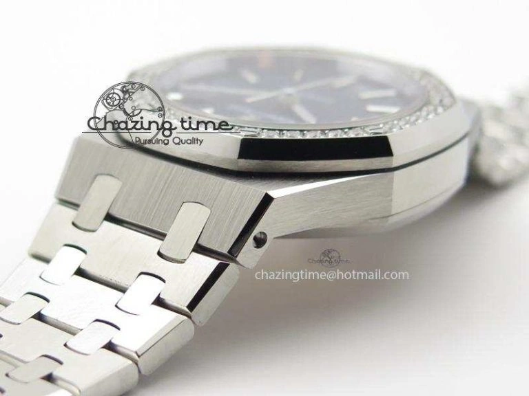 Breathable Royal Oak 37mm 15450 SS JF 1:1 Best Edition Diamonds Bezel Blue Dial On SS Bracelet A 5093