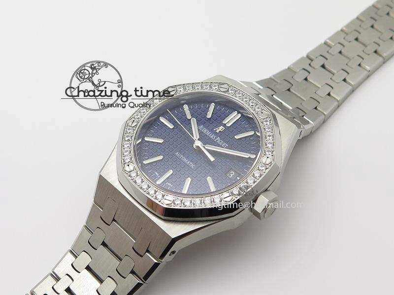 Breathable Royal Oak 37mm 15450 SS JF 1:1 Best Edition Diamonds Bezel Blue Dial On SS Bracelet A 5093