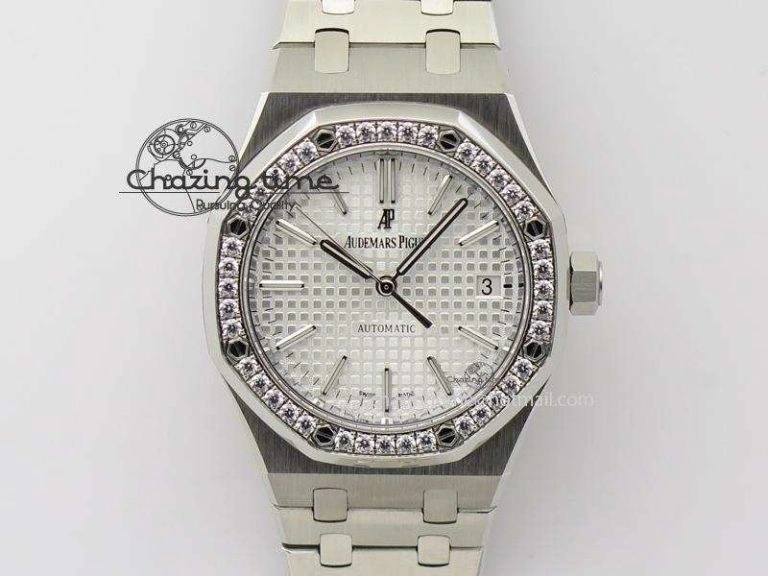 Royal Oak 37mm 15450 SS JF 1:1 Best Edition Diamonds Bezel Silver Dial On SS Bracelet A ComfortFit 5094