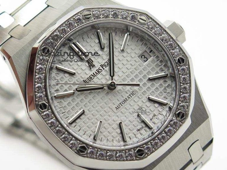 Royal Oak 37mm 15450 SS JF 1:1 Best Edition Diamonds Bezel Silver Dial On SS Bracelet A ComfortFit 5094