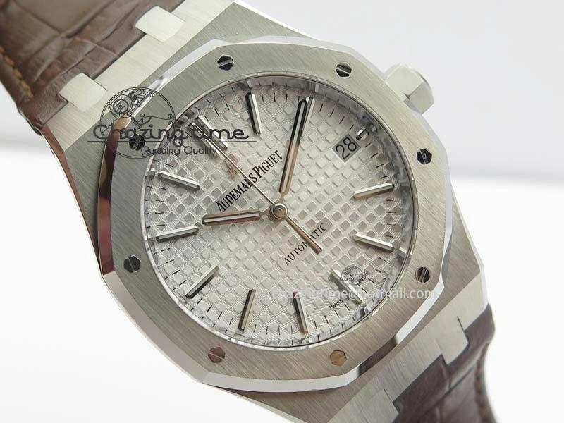 ComfortFit Royal Oak 37mm 15450 SS JF 1:1 Best Edition Silver Dial On Brown Leather Strap A 5063