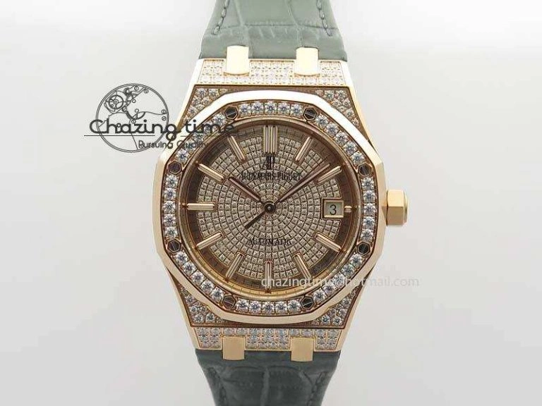 MoistureWicking Royal Oak 37mm 15452 RG Full Paved Diamonds JF 1:1 Best Edition Diamonds Dial On Leather Strap A 5031