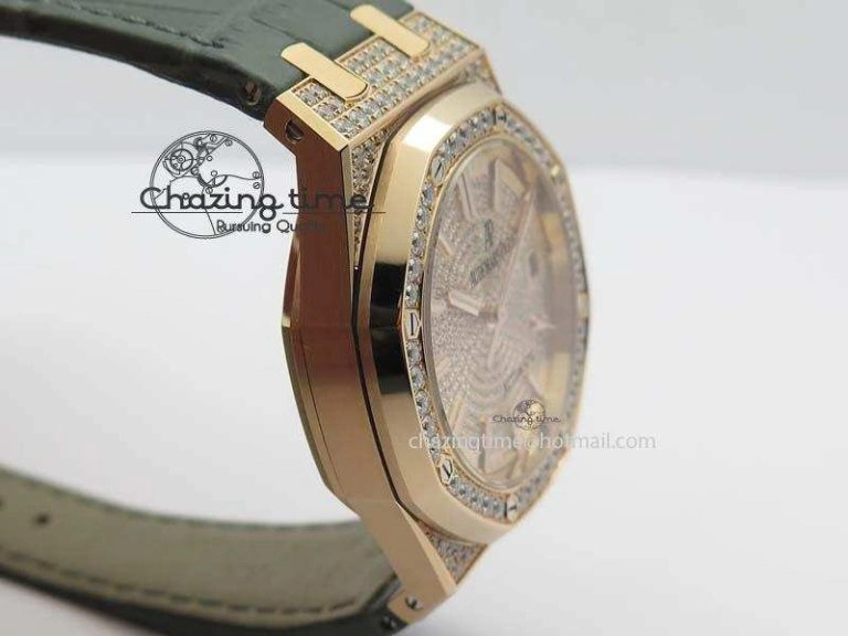 MoistureWicking Royal Oak 37mm 15452 RG Full Paved Diamonds JF 1:1 Best Edition Diamonds Dial On Leather Strap A 5031