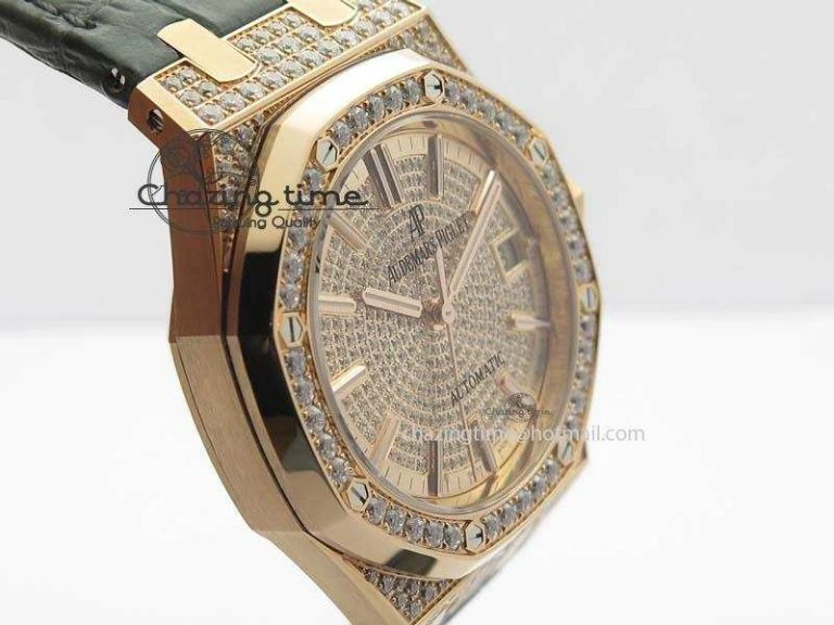 MoistureWicking Royal Oak 37mm 15452 RG Full Paved Diamonds JF 1:1 Best Edition Diamonds Dial On Leather Strap A 5031