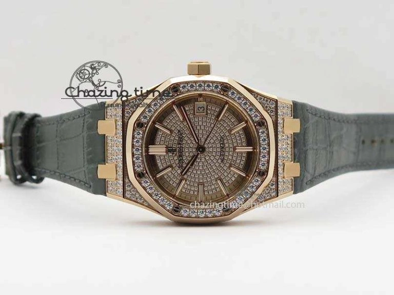 MoistureWicking Royal Oak 37mm 15452 RG Full Paved Diamonds JF 1:1 Best Edition Diamonds Dial On Leather Strap A 5031