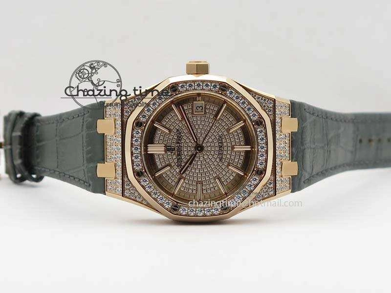 MoistureWicking Royal Oak 37mm 15452 RG Full Paved Diamonds JF 1:1 Best Edition Diamonds Dial On Leather Strap A 5031