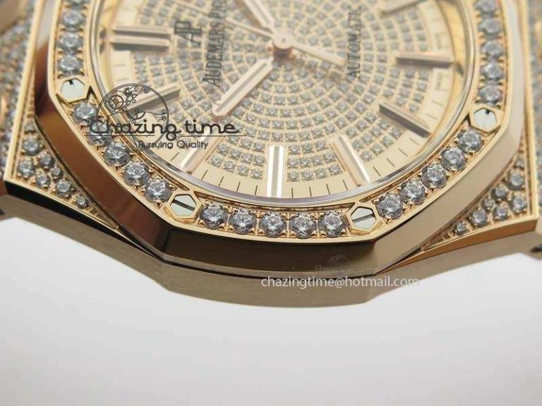 MoistureWicking Royal Oak 37mm 15452 RG Full Paved Diamonds JF 1:1 Best Edition Diamonds Dial On Leather Strap A 5031