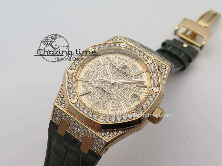 MoistureWicking Royal Oak 37mm 15452 RG Full Paved Diamonds JF 1:1 Best Edition Diamonds Dial On Leather Strap A 5031