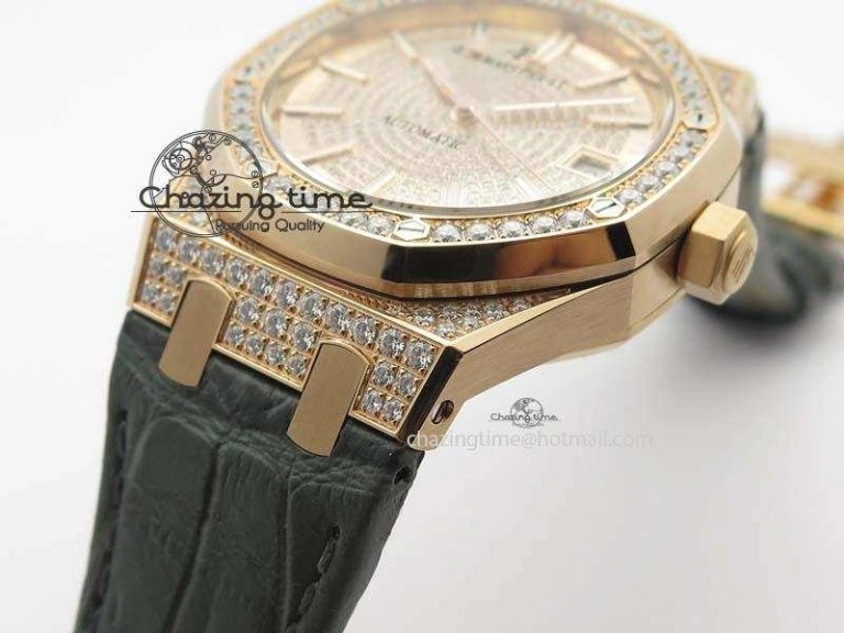 MoistureWicking Royal Oak 37mm 15452 RG Full Paved Diamonds JF 1:1 Best Edition Diamonds Dial On Leather Strap A 5031