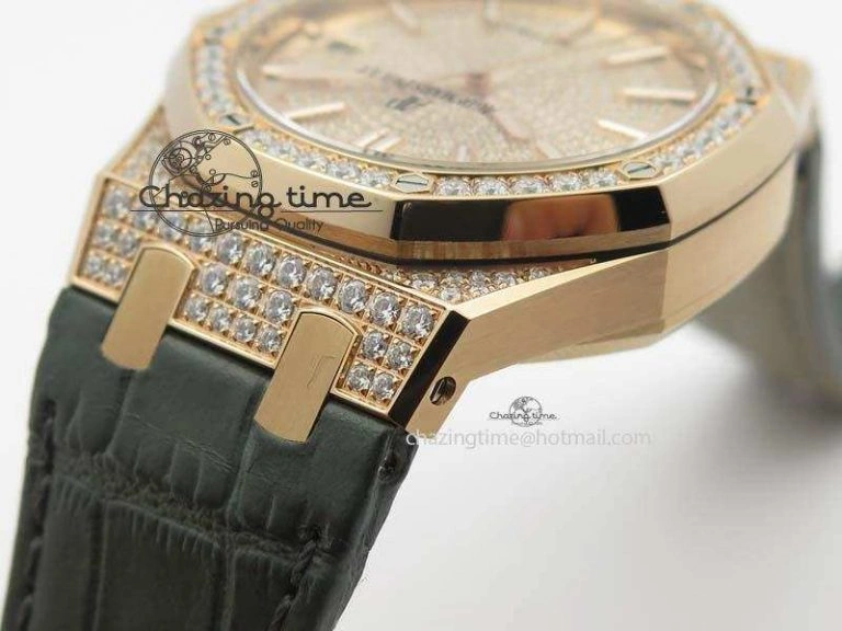 MoistureWicking Royal Oak 37mm 15452 RG Full Paved Diamonds JF 1:1 Best Edition Diamonds Dial On Leather Strap A 5031