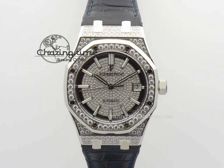 Sustainable Royal Oak 37mm 15452 SS Full Paved Diamonds JF 1:1 Best Edition Diamonds Dial On Leather Strap A 5032