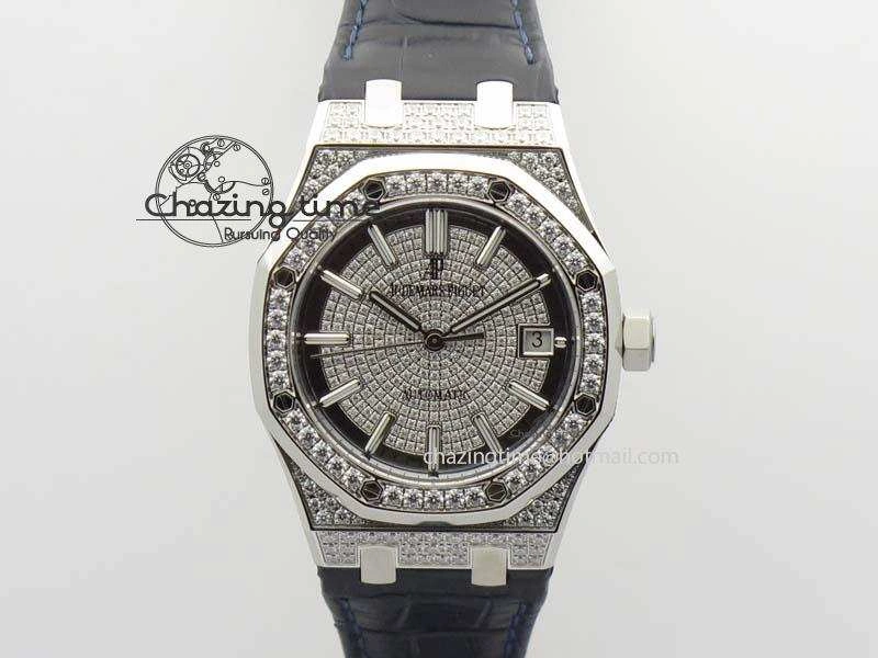 Sustainable Royal Oak 37mm 15452 SS Full Paved Diamonds JF 1:1 Best Edition Diamonds Dial On Leather Strap A 5032