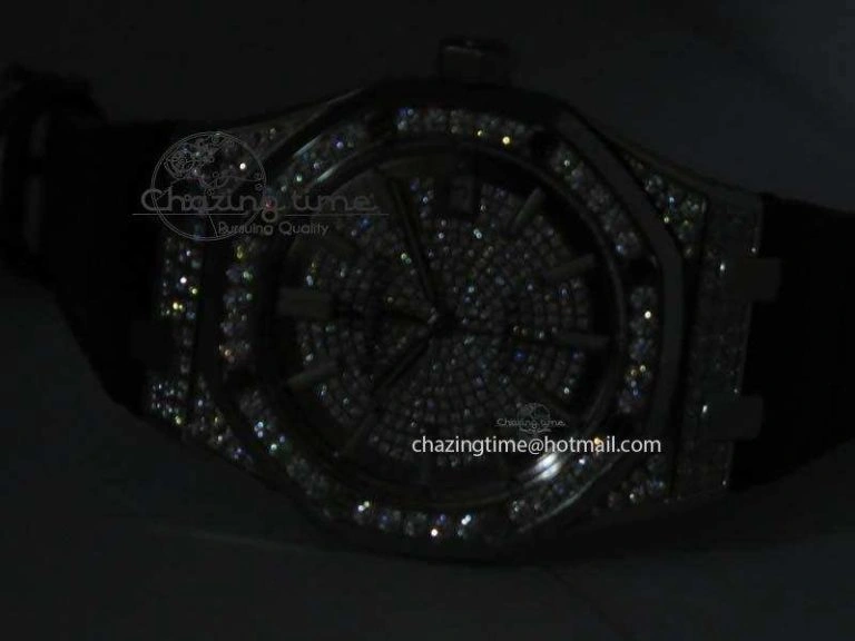 Sustainable Royal Oak 37mm 15452 SS Full Paved Diamonds JF 1:1 Best Edition Diamonds Dial On Leather Strap A 5032
