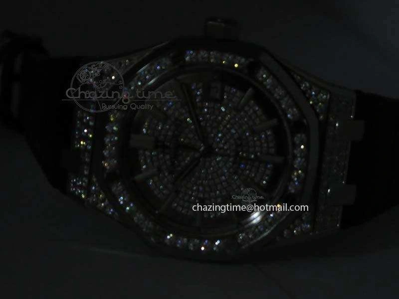 Sustainable Royal Oak 37mm 15452 SS Full Paved Diamonds JF 1:1 Best Edition Diamonds Dial On Leather Strap A 5032