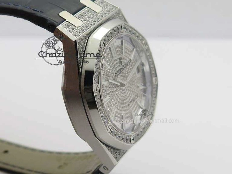 Sustainable Royal Oak 37mm 15452 SS Full Paved Diamonds JF 1:1 Best Edition Diamonds Dial On Leather Strap A 5032