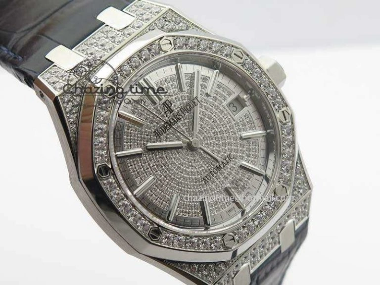 Sustainable Royal Oak 37mm 15452 SS Full Paved Diamonds JF 1:1 Best Edition Diamonds Dial On Leather Strap A 5032