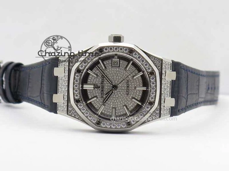 Sustainable Royal Oak 37mm 15452 SS Full Paved Diamonds JF 1:1 Best Edition Diamonds Dial On Leather Strap A 5032