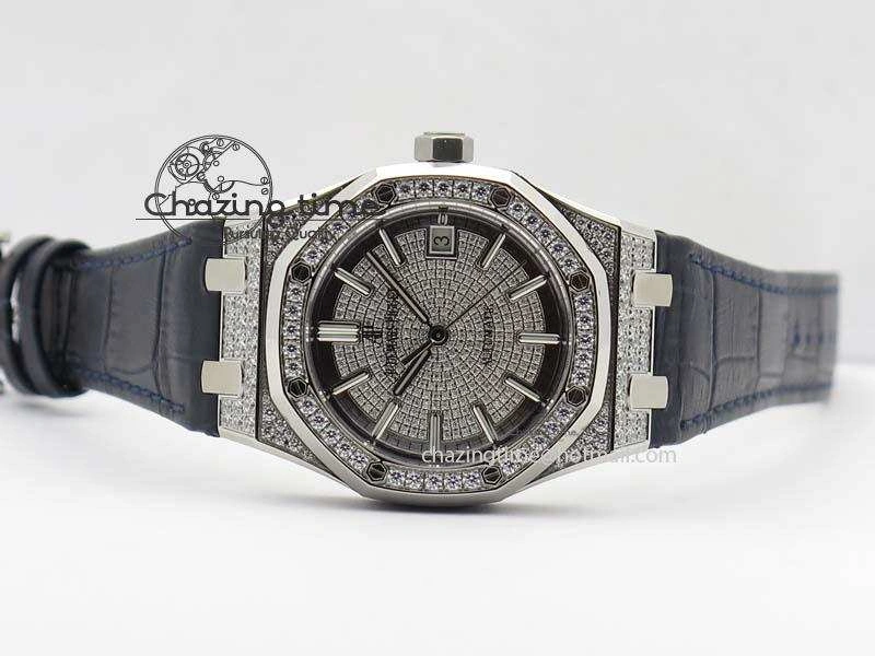 Sustainable Royal Oak 37mm 15452 SS Full Paved Diamonds JF 1:1 Best Edition Diamonds Dial On Leather Strap A 5032