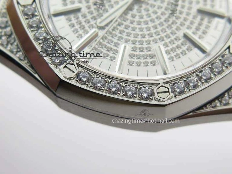 Sustainable Royal Oak 37mm 15452 SS Full Paved Diamonds JF 1:1 Best Edition Diamonds Dial On Leather Strap A 5032