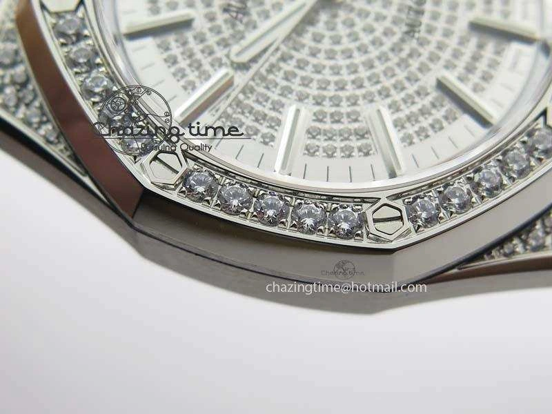 Sustainable Royal Oak 37mm 15452 SS Full Paved Diamonds JF 1:1 Best Edition Diamonds Dial On Leather Strap A 5032