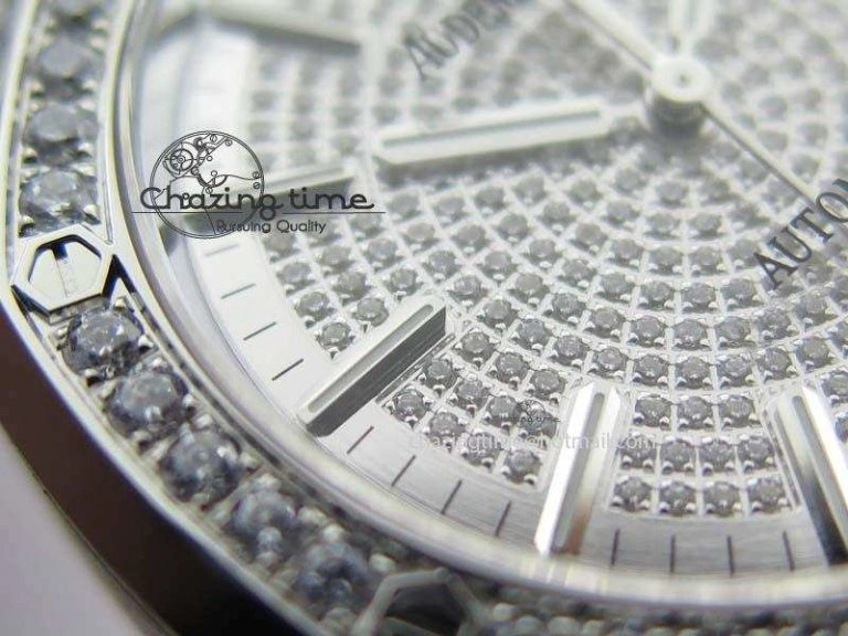 Sustainable Royal Oak 37mm 15452 SS Full Paved Diamonds JF 1:1 Best Edition Diamonds Dial On Leather Strap A 5032