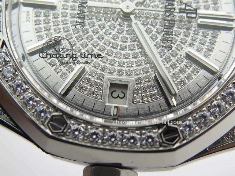Sustainable Royal Oak 37mm 15452 SS Full Paved Diamonds JF 1:1 Best Edition Diamonds Dial On Leather Strap A 5032